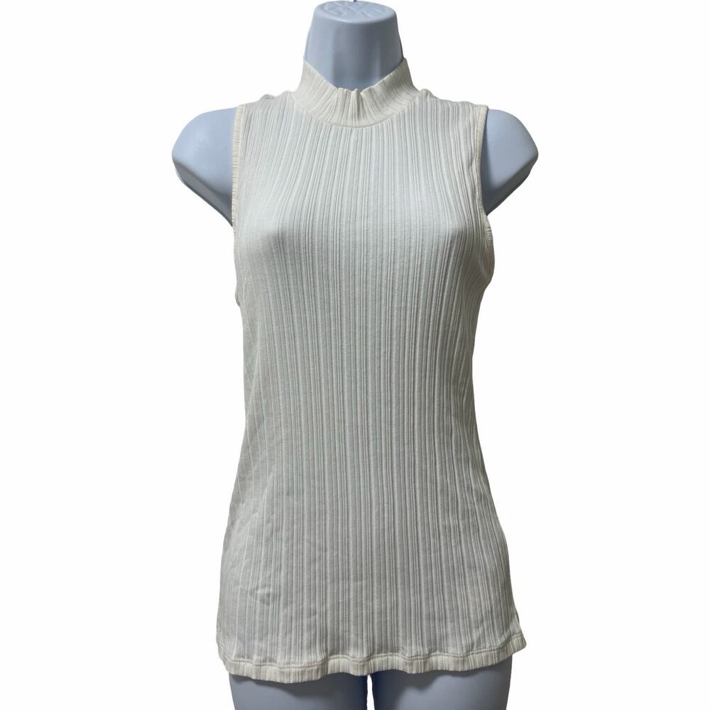 Vince Womens Ribbed Mock Neck Sleeveless Tank Top Size L White Quiet Luxury Chic